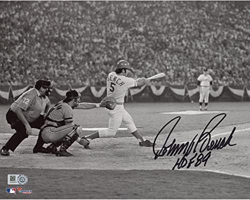 Черно-бяла фотография на удара Джони Бенча Синсинати Редс с размер 8 x 10-инчов с автограф и надпис HOF 89 -