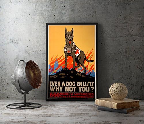 Първата Световна война 1 Плакат с кучето, размер 8,3x11,7 инча - ДОРИ КУЧЕТО се ЗАПИСВА В АРМИЯТА, ЗАЩО НЕ си