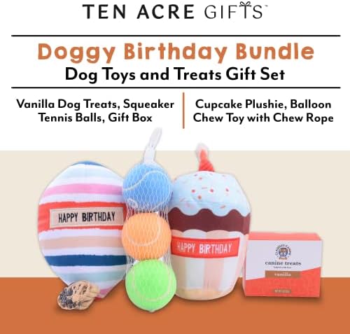 Подаръчен комплект играчки и предложения за кучета Ten Acre Gifts, определени за рождения ден кученце, включва в себе си семена за храна с вкус на ванилия, 3 надуваеми тени