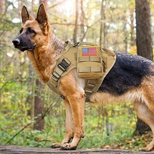 Beirui Здрава тактическа шлейка за кучета с подсумками и ивици за кучета със средни размери, не простираща, Тежкотоварни Военна шлейка за кучета с дръжки, удобни за ра?