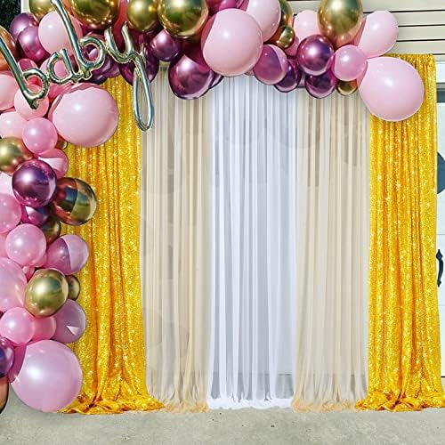 15 метра х 10 метра Фон от шифон цвят Шампанско Завеси за Сватбени партита 3 Панела 5 × 10 метра Прозрачни,