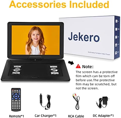 Портативен DVD плейър JEKERO 17,9 с голяма повратна екран 15,6HD, Акумулаторна батерия с капацитет 5000 mah, 6 часа, Преносимо DVD-устройство с зарядно за кола устройство за синхро