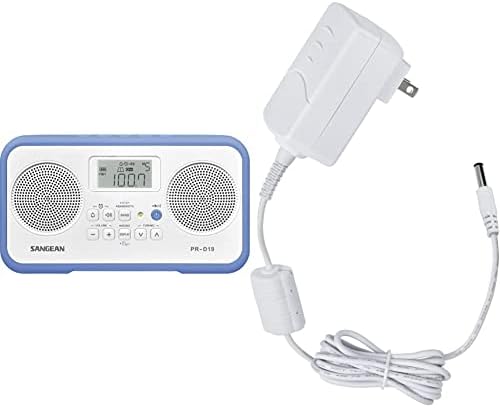 Преносимо радио Sangean PR-D19BU Стерео FM/AM с цифрова настройка с Предпазна броня (бяло/синьо) и ac адаптер